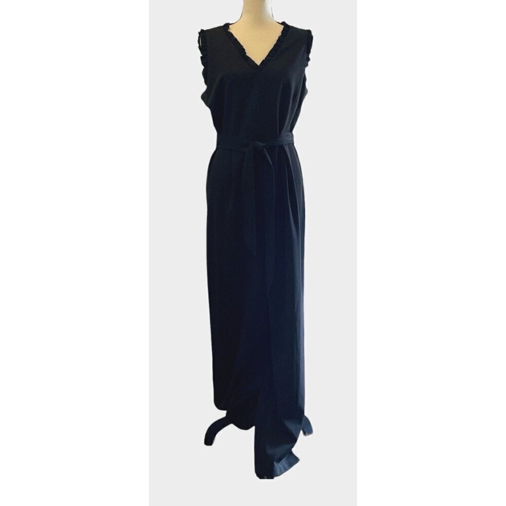 Emma & Michele Womens V Neck Ruffle Jumpsuit Size 10 Black Zipper Tie - Picture 3 of 16
